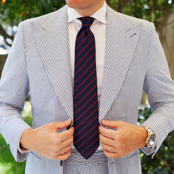 Harvard Stride Navy-Red Tie & Pocket Square Set | Premium Men’s Formal Striped Tie | Classic Navy & Red Design