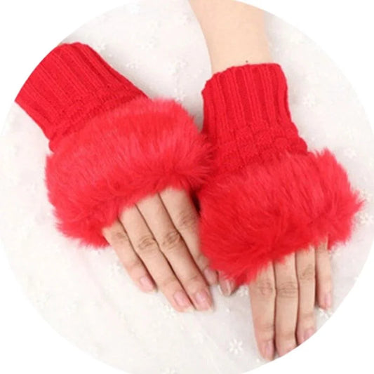 Women’s Faux Fur Fingerless Knitted Gloves | Warm Winter Hand Wrist Warmers | Soft, Stylish & Comfortable | Red