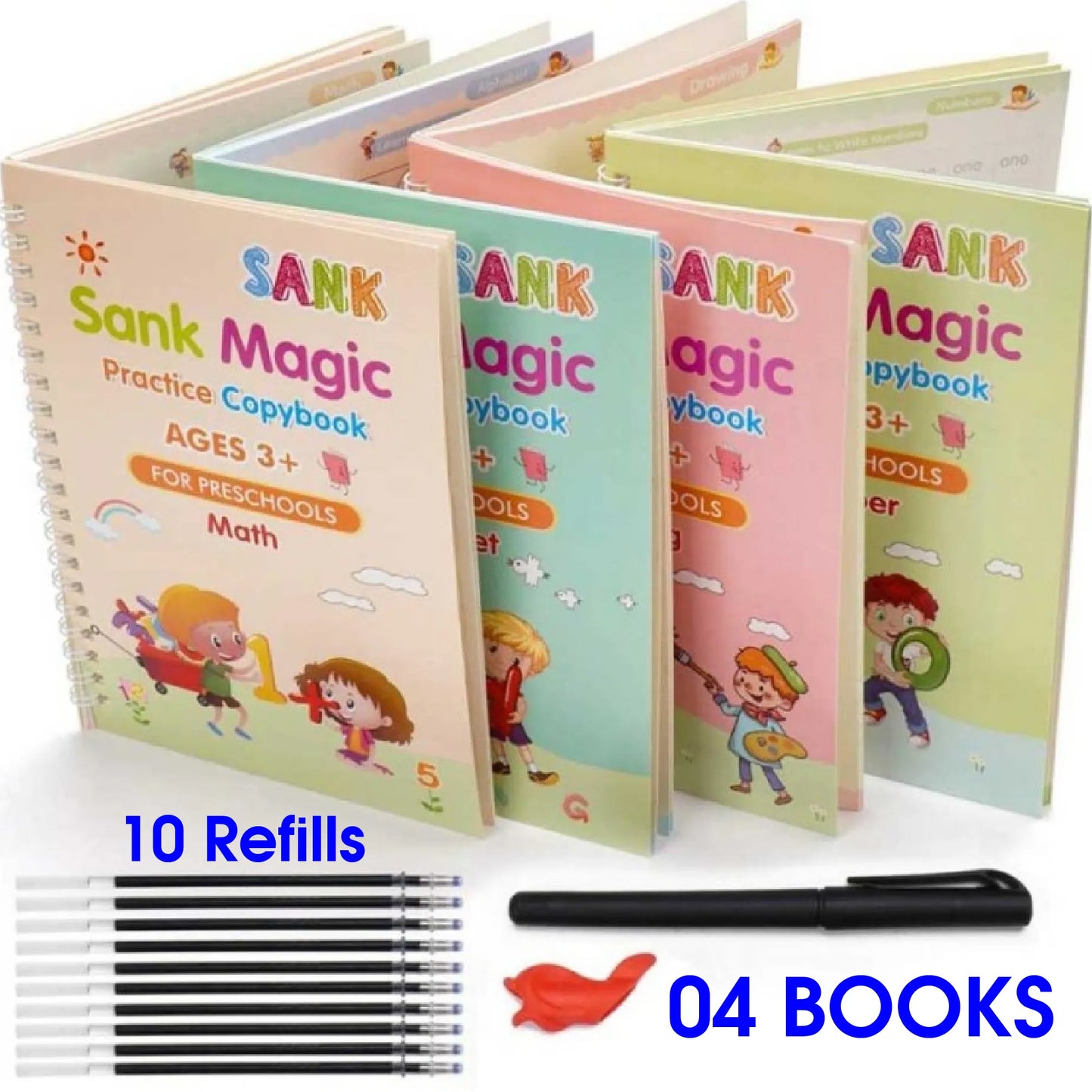 8.5 Inch Multi-Color LCD Writing Tablet + 4-in-1 Sank Magic Book Practice Set | Kids Learning & Drawing Combo | Random Colors