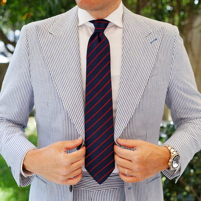 Harvard Stride Navy-Red Tie & Pocket Square Set | Premium Men’s Formal Striped Tie | Classic Navy & Red Design
