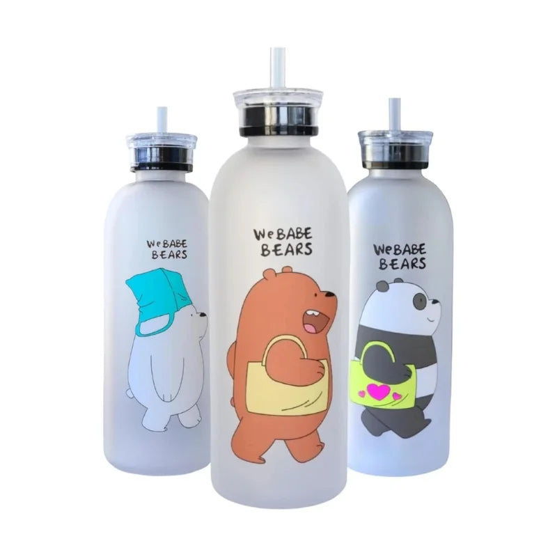 We Babe Bears Frosted Plastic Water Bottle with Straw 1000ml | Leakproof BPA-Free Cute Hydration Bottle