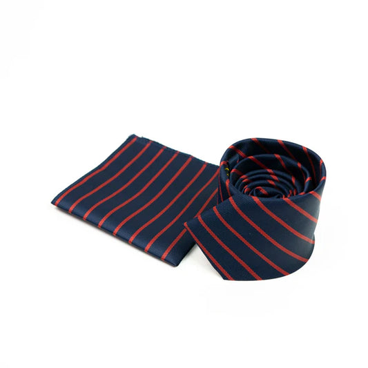 Harvard Stride Navy-Red Tie & Pocket Square Set | Premium Men’s Formal Striped Tie | Classic Navy & Red Design