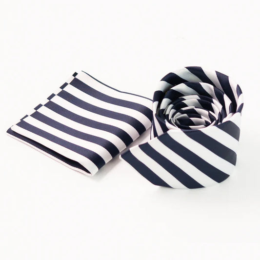 Blue & White Striped Tie & Pocket Square Set | Premium Men’s Formal Striped Tie | Classic Blue & White Design