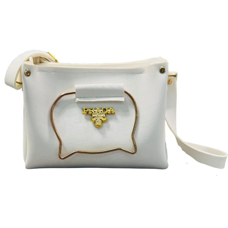 White Elegant Cat Handle Handbag for Girls & Ladies | Stylish Shoulder & Crossbody Bag with Gold Accents | Adjustable Strap