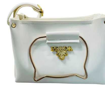 White Elegant Cat Handle Handbag for Girls & Ladies | Stylish Shoulder & Crossbody Bag with Gold Accents | Adjustable Strap
