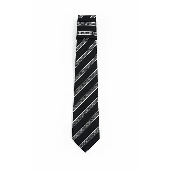 Black Label Diagonal Tie & Pocket Square Set | Premium Men’s Formal Black Tie | Classic Diagonal Stripe Design
