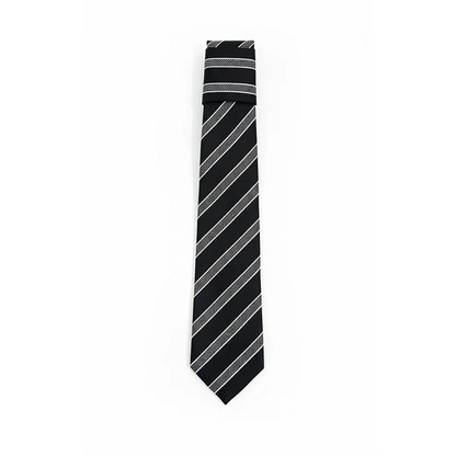 Black Label Diagonal Tie & Pocket Square Set | Premium Men’s Formal Black Tie | Classic Diagonal Stripe Design
