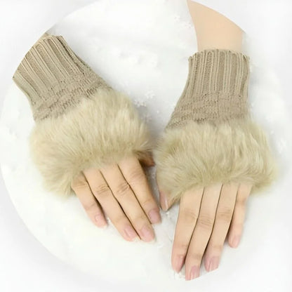 Women’s Faux Fur Fingerless Knitted Gloves | Warm Winter Hand Wrist Warmers | Soft, Stylish & Comfortable | Beige