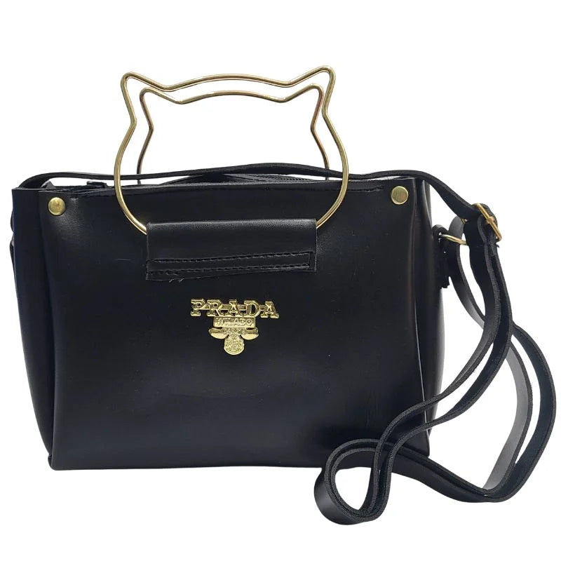 Black Elegant Cat Handle Handbag for Girls & Ladies | Stylish Shoulder & Crossbody Bag with Gold Accents | Adjustable Strap