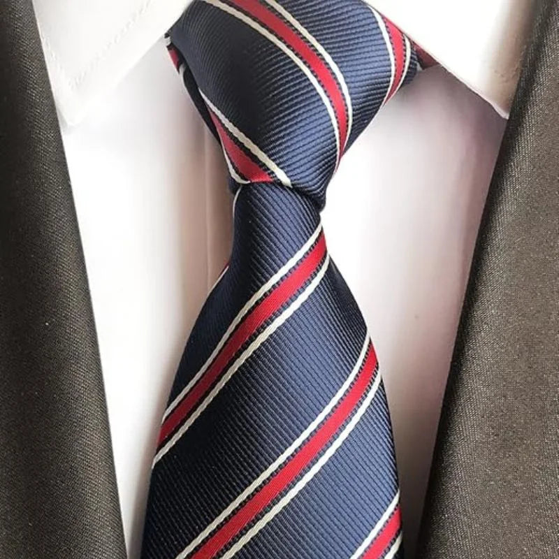 Navy Blue & Red  Striped Tie & Pocket Square Set  | Premium Formal Necktie | Graduation, Wedding & Suit Wear