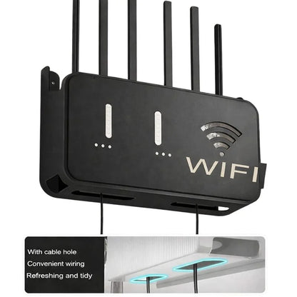 Black WiFi Router Storage Box & Wall Mount Shelf  Universal Cable Organizer | Space-Saving Holder for Modem, Set-Top Box & Smart Devices | Home & Office Use