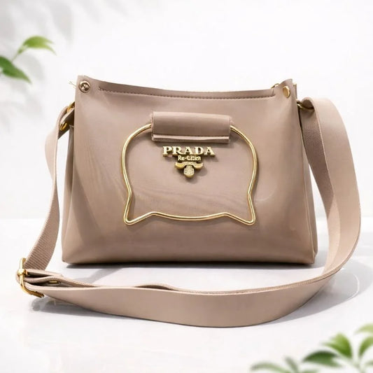 Beige Elegant Cat Handle Handbag for Girls & Ladies | Stylish Shoulder & Crossbody Bag with Gold Accents | Adjustable Strap