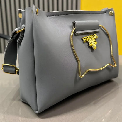 Gray Elegant Cat Handle Handbag for Girls & Ladies | Stylish Shoulder & Crossbody Bag with Gold Accents | Adjustable Strap