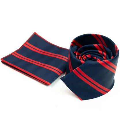Navy & Red Regal Striped Tie with Pocket Square Set | Premium Men’s Formal Tie Set | Classic Striped Design