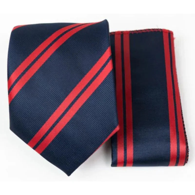 Navy & Red Regal Striped Tie with Pocket Square Set | Premium Men’s Formal Tie Set | Classic Striped Design