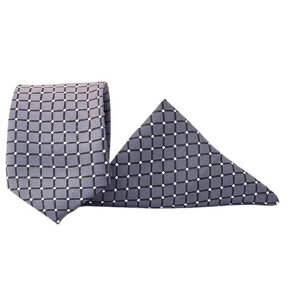 Grid Patterned Silver Tie & Pocket Square Set | Premium Men’s Formal Silver Tie | Classic Grid Design