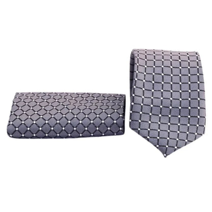 Grid Patterned Silver Tie & Pocket Square Set | Premium Men’s Formal Silver Tie | Classic Grid Design