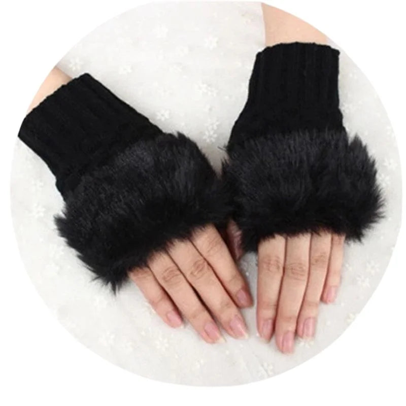 Women’s Faux Fur Fingerless Knitted Gloves | Warm Winter Hand Wrist Warmers | Soft, Stylish & Comfortable | Black