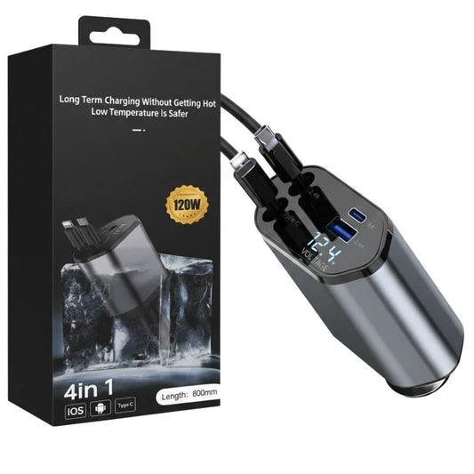 4-in-1 Retractable Car Charger | Dual USB & USB-C PD Fast Charging, 100W